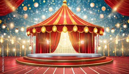 Center Stage Spectacle: 3D Circus Podium with Red Curtain