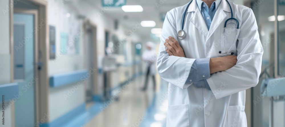 Health care and medicine. Medicine and technology. Doctor standing on hospital background Health care and medicine. Medicine and technology. Doctor standing on hospital background