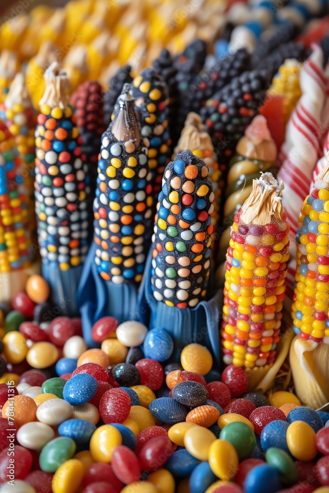 A colorful corn background made of candy, featuring various colors and sizes of yellow blue red black white orange baby popcorn, arranged in an aerial view The corns have different shapes, with some b
