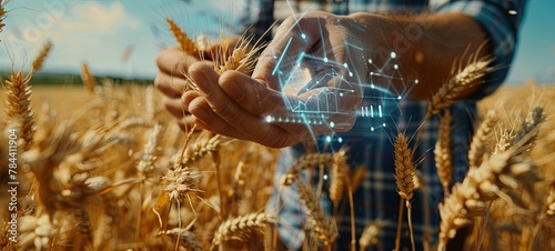 A farmer holds several ears of wheat in his hand while standing in the middle of a grain field. Income graph on a virtual screen. generative ai