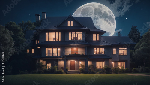 A large house with a full moon behind it  
