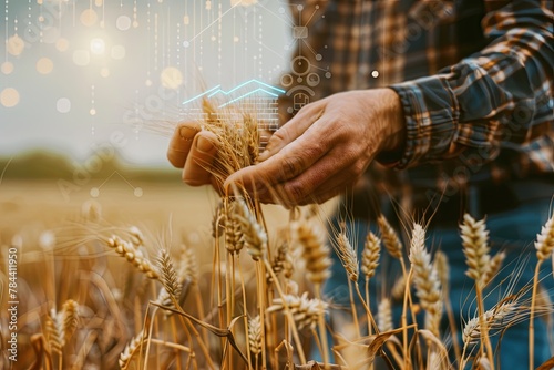 A farmer holds several ears of wheat in his hand while standing in the middle of a grain field. Income graph on a virtual screen. generative ai photo