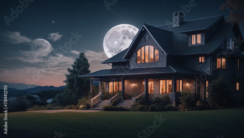 A large house with a full moon behind it


