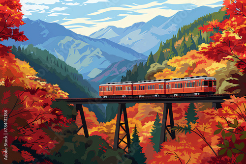 紅葉の陸橋と電車の風景 photo