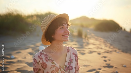 Sunny Beach Portrait of a Smiling Woman at Sunset