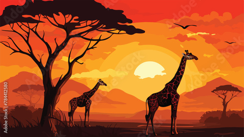 Giraffes at African Sunset Serrengeti Tanzania .. 2