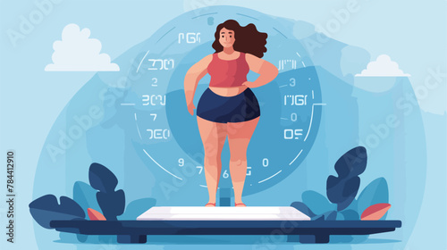 Girl standing on scale flat vector illustration. Wo