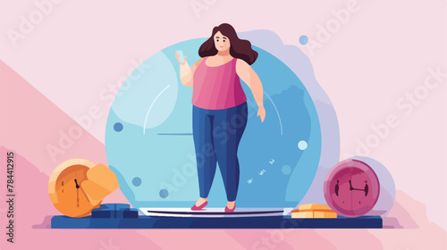 Girl standing on scale flat vector illustration. Wo