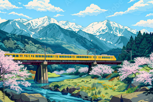 陸橋を走る電車の風景（春）