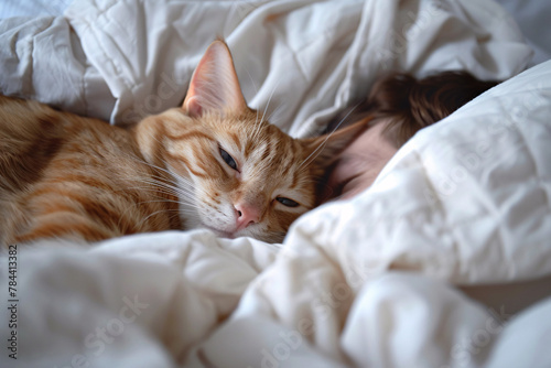Close up of cute ginger cat sleeping with human in bed