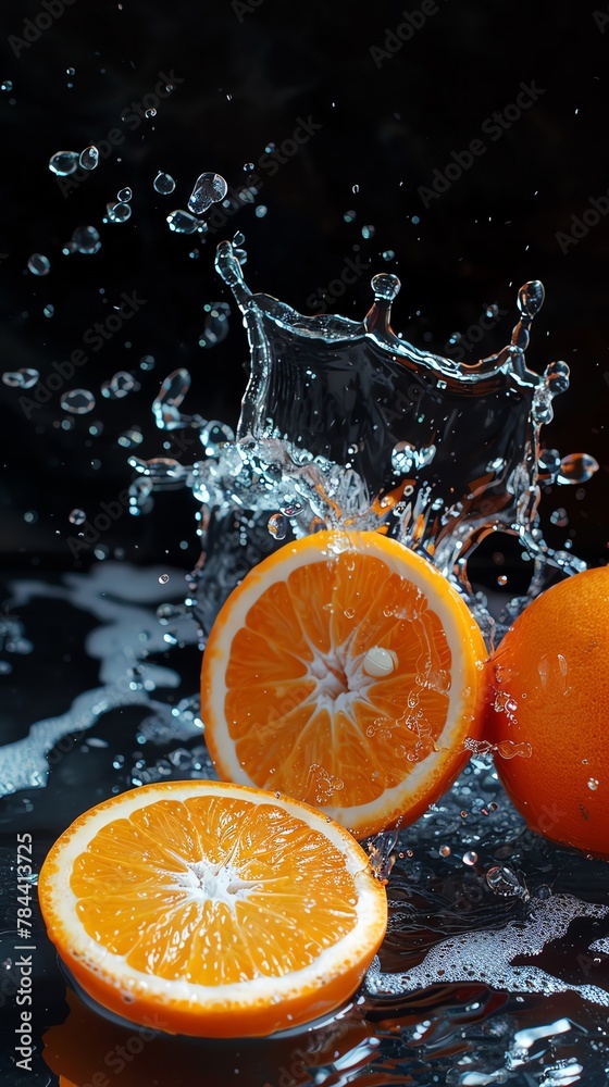 A few oranges and water, splashing in the air against a black background with an orange color scheme The commercial photography features bright colors, highdefinition details, high resolution, and hig A few oranges and water, splashing in the air against a black background with an orange color scheme The commercial photography features bright colors, highdefinition details, high resolution, and hig