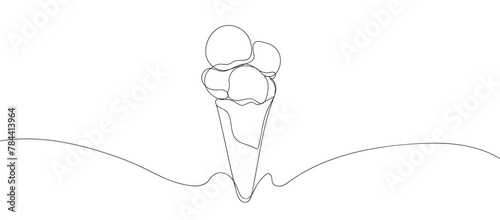 Ice cream continuous line drawing. One line Ice cream in waffle cone. Symbol dessert gelato in simple linear style. Hand drawn minimalist style vector illustration