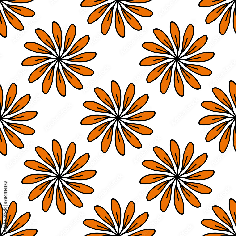 Seamless pattern in positive orange flowers on white background. Vector image.