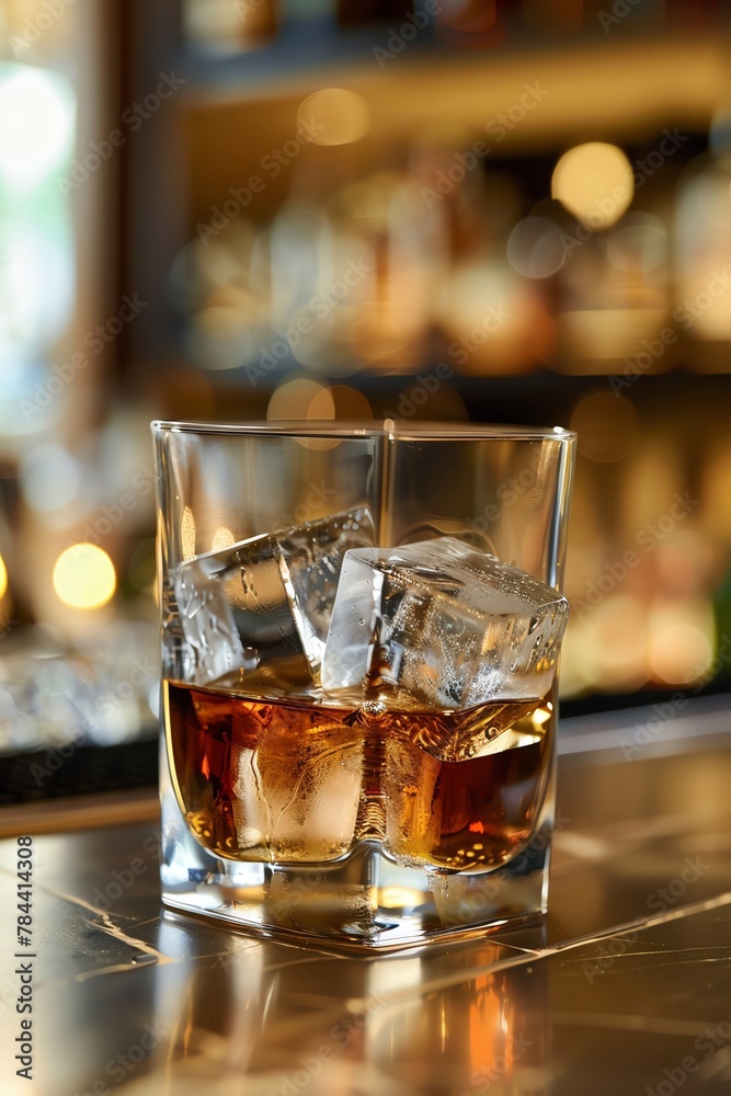 A glass of whiskey with two large ice cubes on the bar, centered composition, Nikon Z7 II, soft lighting, high resolution
