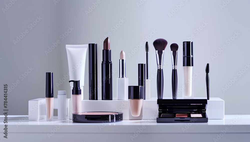 set of cosmetics on a white table on a white background