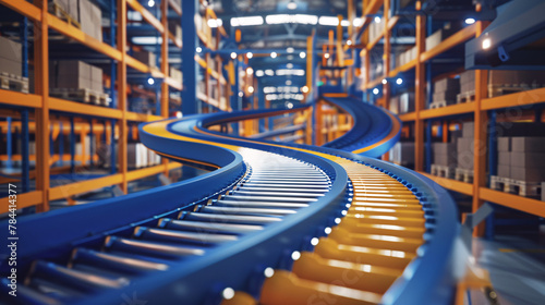 Close up of box on conveyor belt in warehouse industrial setting