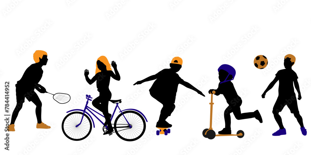 Children and pets silhouettes on white background. Little girls and boys playing outdoor. Vector illustration.	
