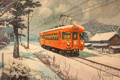農村を走る電車の風景（冬）