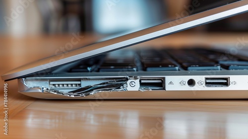 A detailed side view of a laptop showing ports damaged and exposed internals, indicating a severe impact or mishandling.