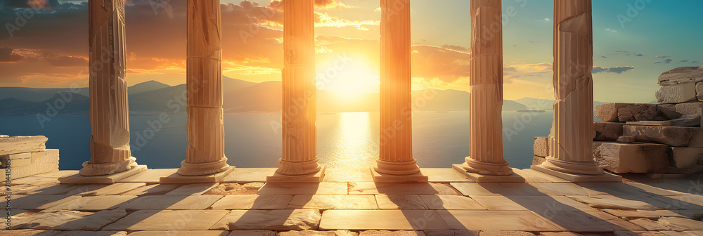 Fototapeta premium Columns of Ancient temple against sun, inside old building in Greece at sunset, classical Greek or Roman ruins overlooking sea. Theme of antique, civilization, travel