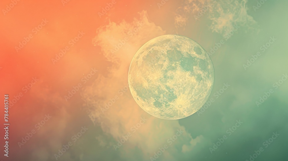 Abstract orange lightning moon background in pastel olive green and salmon pink colors. Emphasis on negative space with a minimal and raw style