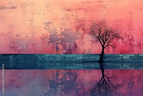 A solitary tree stands as a stark symbol of death against a vibrant, abstract backdrop, capturing the fleeting nature of life with minimalism and negative space.