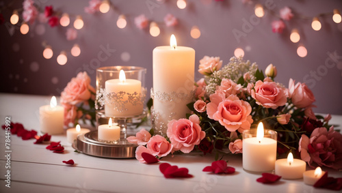A table set with candles and pink roses.