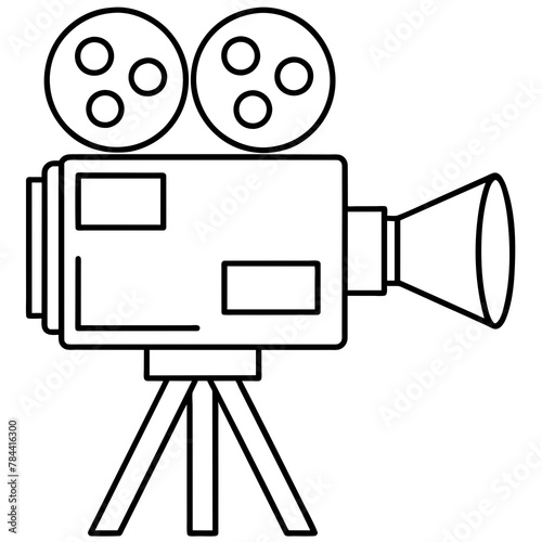 movie camera and film reel vector illustration icon, line art kid's coloring page
