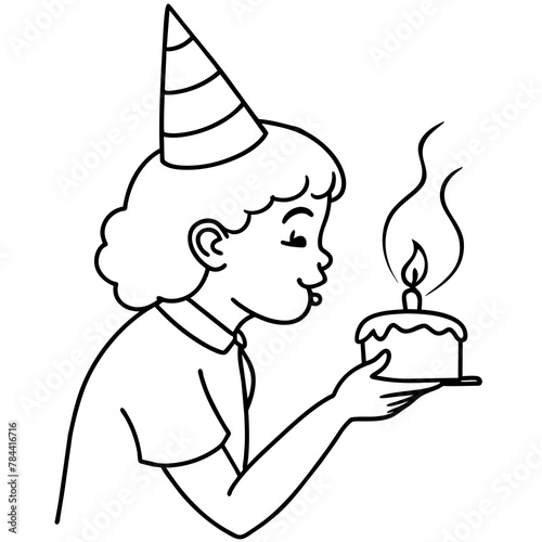 daughter blows birthday candle line art, drawing coloring book pages for children and adults