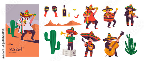 Mexican mariachi musicians with folk instruments. Composition and set of vector elements isolated on a white background.