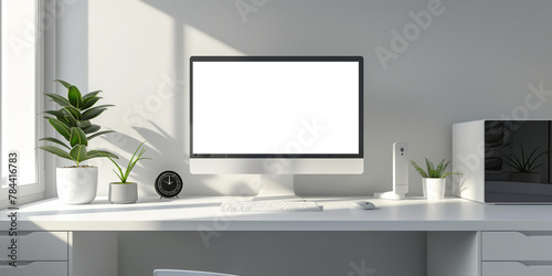 Modern bright private room with work desk and computer white mockup screen © Animated footage