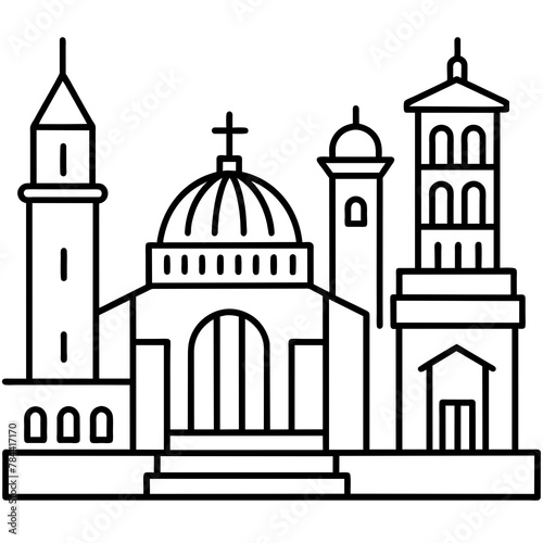 basilica of the holy sepulchre icons vector illustration. Children coloring book page, line art