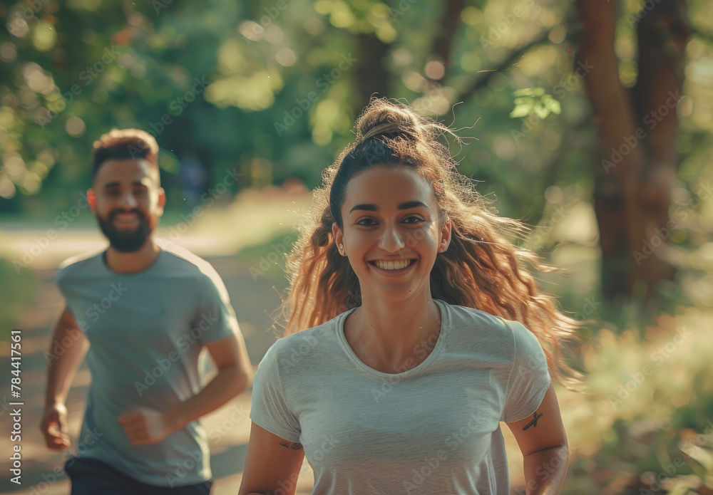 Smiling young couple doing sports in the park, healthy lifestyle concept with happy young people running and jogging outdoors on a summer day