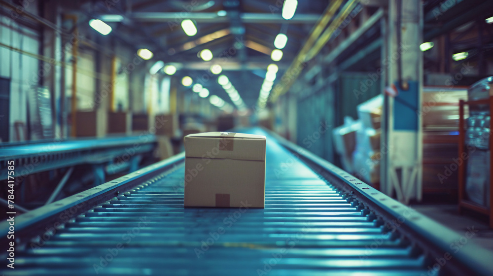 Close up of package on conveyor belt in modern warehouse environment