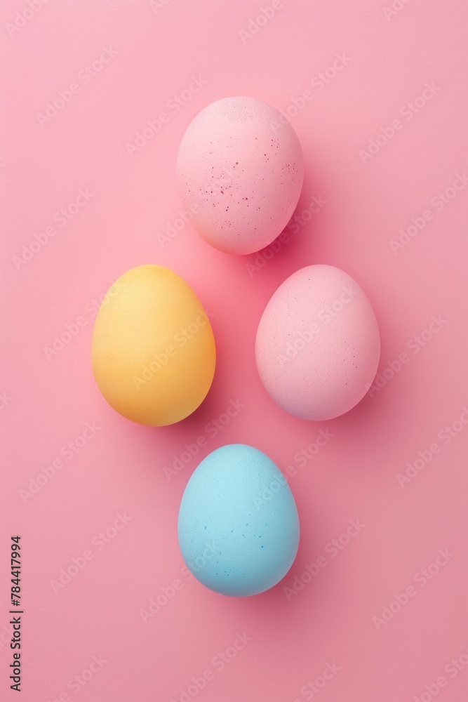 Bright and Colorful Easter Eggs Arranged on Pink Background, Top View Flat Lay Concept