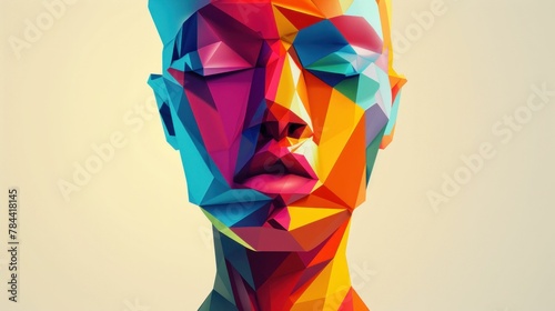 Abstract Geometric Portrait of Woman's Face in Colorful Shapes on Beige Background in Modern Art Illustration