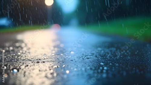 Abstract background depicting a rainy night scene through a car windshield. Blurred lights and