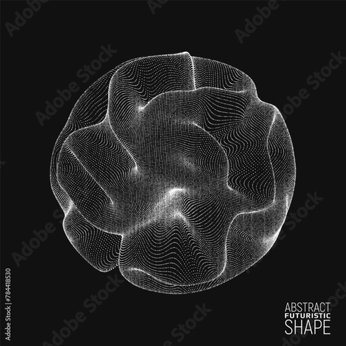 Futuristic shape constructed with particles. Abstract distorted 3d form. Science concept. Vector illustration.