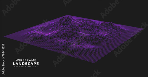 Wireframe landscape. Futuristic 3d mesh background. Digital hills technology. Vector illustration.