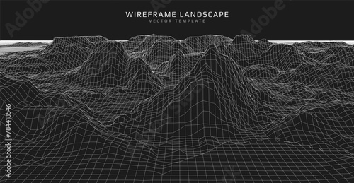 Wireframe landscape. Futuristic 3d mesh background. Digital hills technology. Vector illustration.