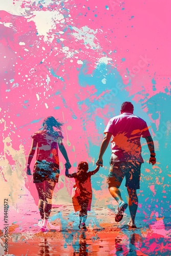 Digital art capturing a family outdoor moment, rendered on a vibrant pink background, highlighting joy and togetherness in a whimsical style, 
