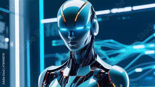 Android robot, female cyborg, symbolizing the fusion of humanity and AI. With sleek metallic