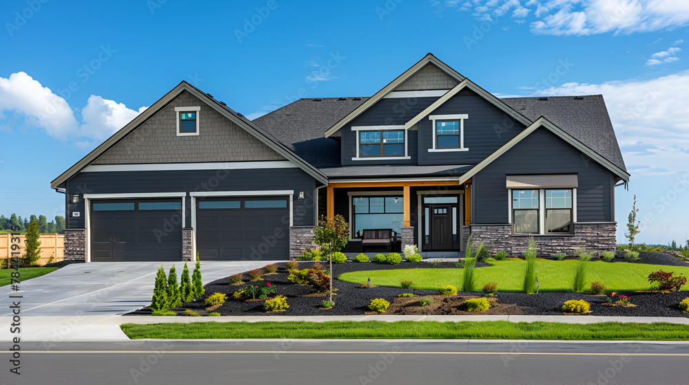 A home with vinyl siding in a suburban subdivision ,A luxurious new construction home, Modern style of home with car garage ,Beautiful Newly Built Luxury Home Exterior