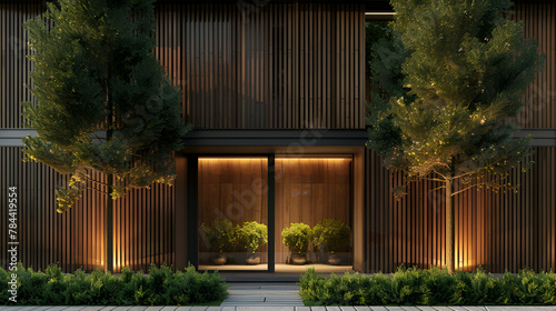 Modern home entrance with a striking wooden door, leather armchair, and ambient lighting nestled among greenery ,Wooden entrance door to modern white house with paving footpath and backside garden photo