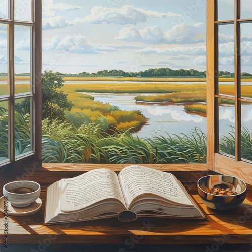 Wetland view from farmhouse window  philology books open  teppanyaki inspires new story   8k resolution  minimalist  pastel color  close-up 