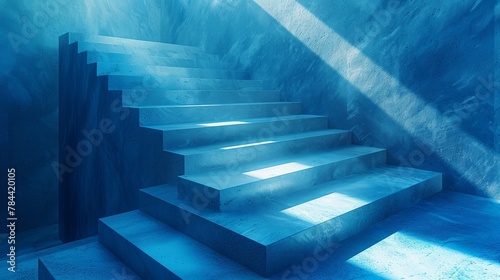 Abstract blue stairs with light and shadows in a minimalistic design.