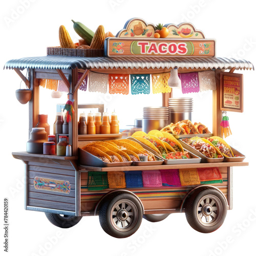 A colorful food cart selling tacos. The cart is decorated with colorful banners and has a variety of food items on display, Cinco de Mayo, Mexico’s defining moment. photo