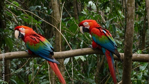 Near the Chuncho Clay Lid in Tambopata, in the Amazonian rainforest of Manu National Park, Peru, is a flock of red-and-green and scarlet macaws.