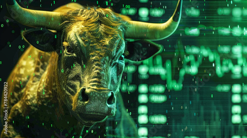 A bull stands in front of a backdrop of stock market charts, symbolizing a bullish market trend and trading activity on the exchange