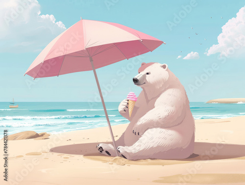 The chubby polar bear is eating ice cream on the beach in the shade of an umbrella.